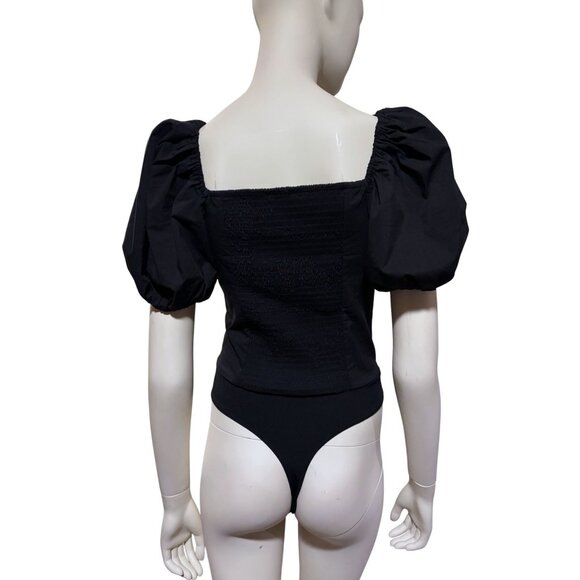 New Express Bodysuit S Puff Sleeves Poplin Bow Off Shoulder Goth Twee Minimalist - Picture 3 of 6